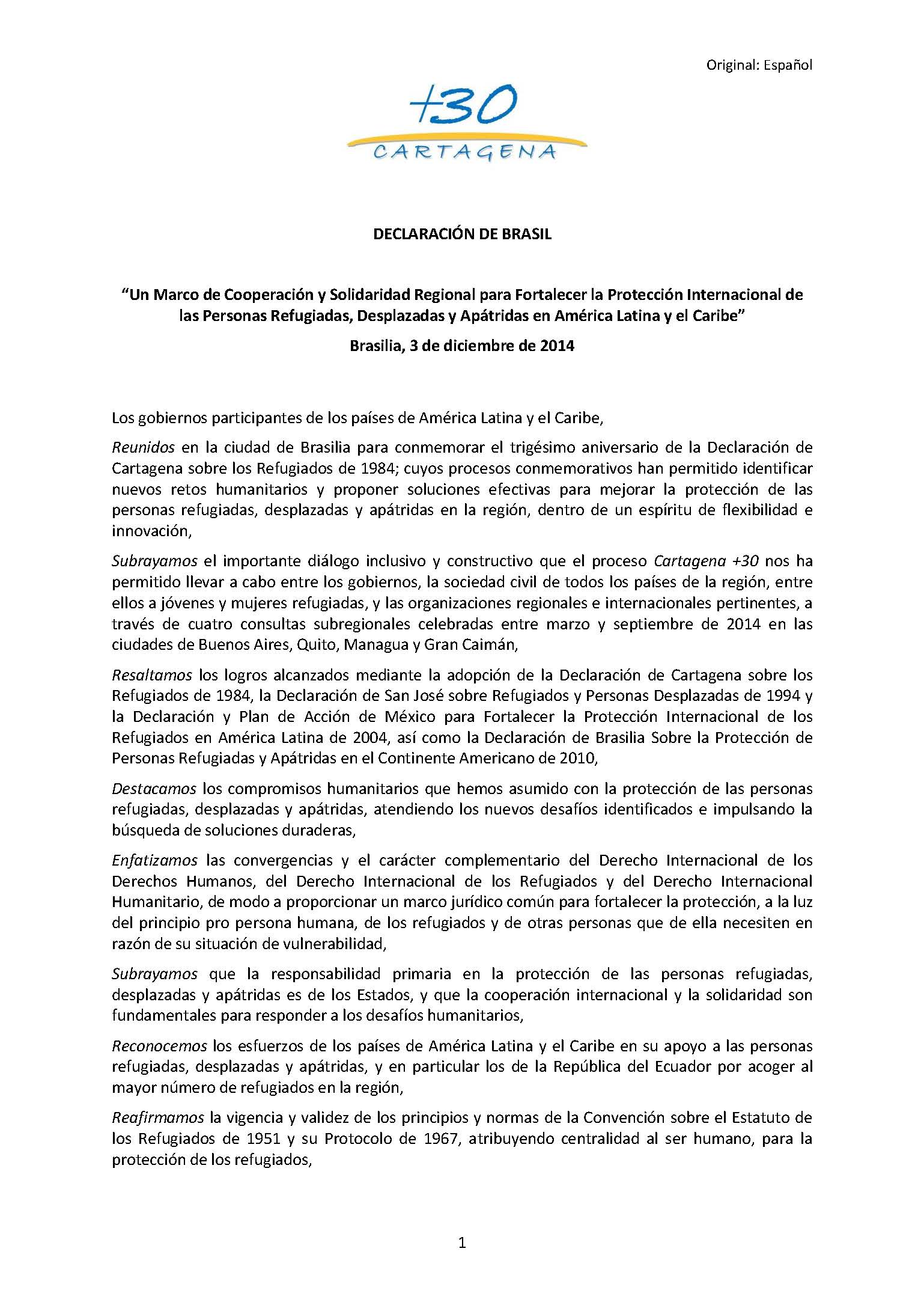 Declaración de Brasil Cartagena +30