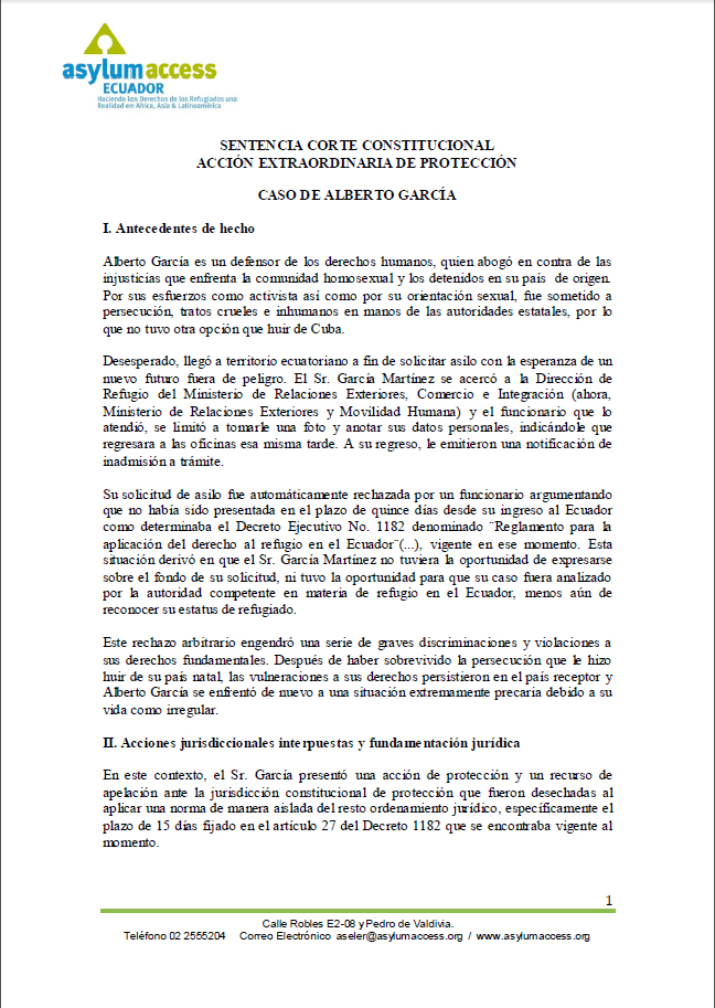 Sentencia Corte Constitucional de Ecuador – Acción Extraordinaria de Protección en casos de refugio