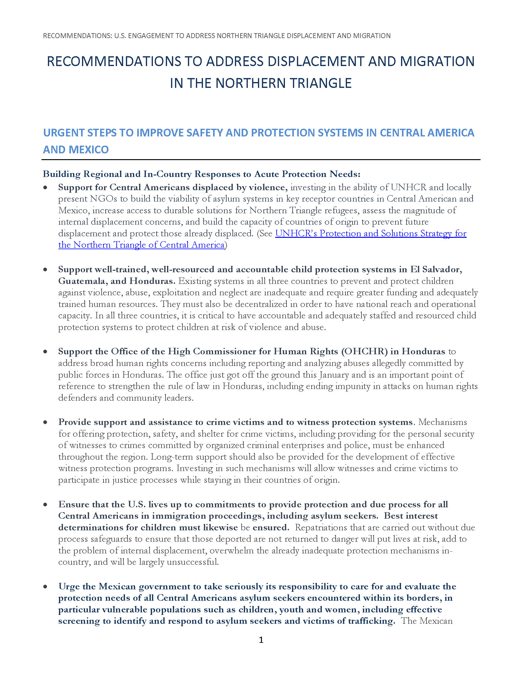 2016 – Recommendations -U S  Engagement to Address Northern Triangle Displacement and Migration FINAL – 2/ 23/16