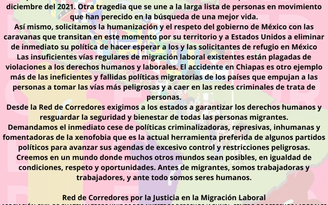 Comunicado público en Respuesta a la Tragedia de Chiapas