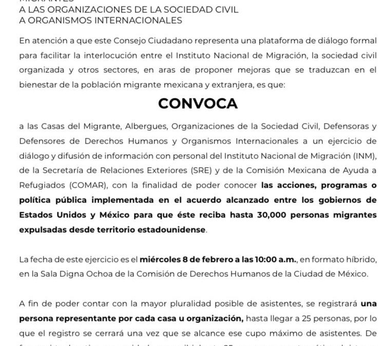 ☑️CONVOCATORIA ☑️PARA EJERCICIO DE DIÁLOGO ENTRE LA SOCIEDAD CIVIL Y CASAS DEL MIGRANTE